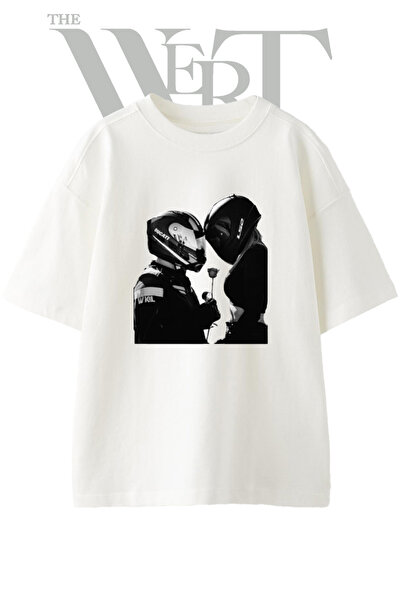 THEWERT Motorcu Cift 3 Design Printed Unisex White Oversize T-Shirt
