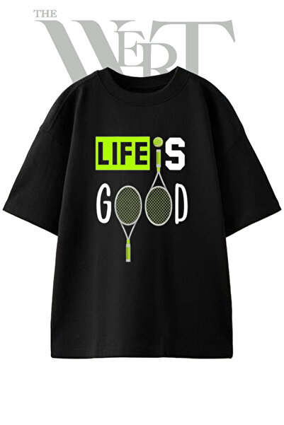 THEWERT Tricou oversize negru unisex cu imprimeu cu design cu minge de rachet...