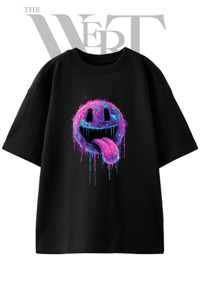 THEWERT تي شيرت أسود كبير الحجم مطبوع بتصميم Acid Smiley للجنسين