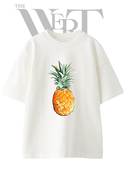 THEWERT Μπλουζάκι Unisex Λευκό Oversize με στάμπα σχεδίου ανανά σε ακουαρέλα