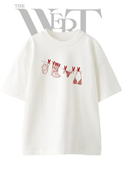 THEWERT Cowboy Bikini Design Printed Unisex White Oversize T-Shirt