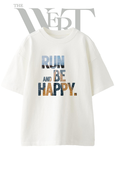 THEWERT تي شيرت أبيض كبير الحجم مطبوع بتصميم Run Happy Road للجنسين