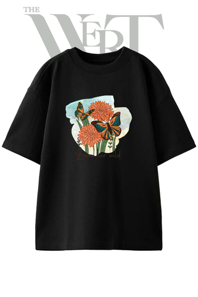 THEWERT Tricou oversize negru unisex cu imprimeu Kelebek Cicek Design