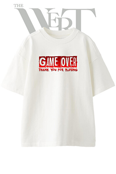 THEWERT تي شيرت أبيض كبير الحجم مطبوع بتصميم GAME OVER للجنسين