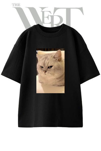 THEWERT تي شيرت أسود كبير الحجم مطبوع بتصميم Angry Cat للجنسين