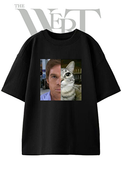 THEWERT Tricou oversize negru unisex cu imprimeu Dexter Cat Design