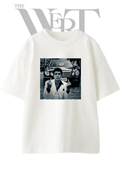 THEWERT Tricou alb oversize unisex cu imprimeu Tony Montana Design