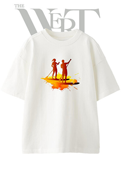 THEWERT Paddle Boarding Design Printed Unisex White Oversize T-Shirt