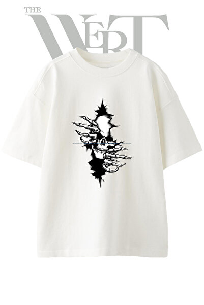 THEWERT Μπλουζάκι Unisex με στάμπα Skull Hands Design σε λευκό χρώμα oversize