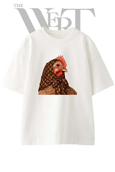 THEWERT Tricou oversize alb unisex cu imprimeu Hen Babushka Design