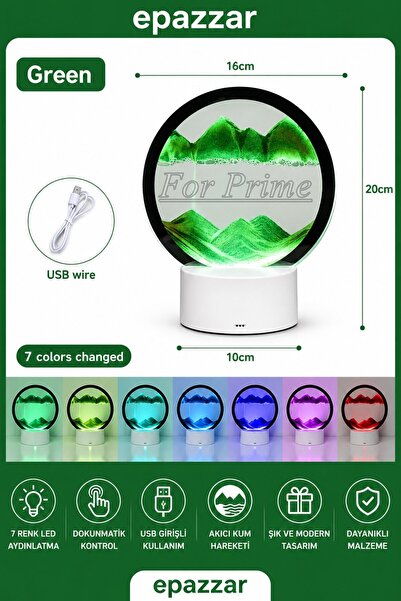 epazzar Işıklı Kum Saati Yeşil 3d Cam 7 Renk Multicolor Çöl Tasarımlı Sulu Dokunmatik Panelli Usb Girişli
