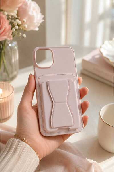Case I PHONE 15 PRO Toz Pembe Premium Deri Kartlıklı Telefon Kılıfı | Stand Ö...