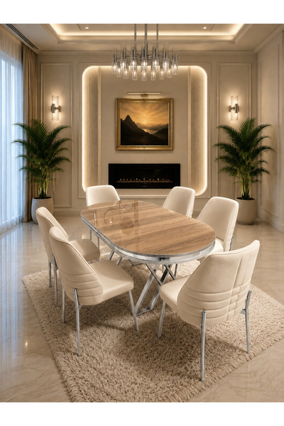 Concept Ayz Home Vİora Krom Serisi 6 Kişilik Krem Kumaş 90*168 Ceviz Lake Pan...