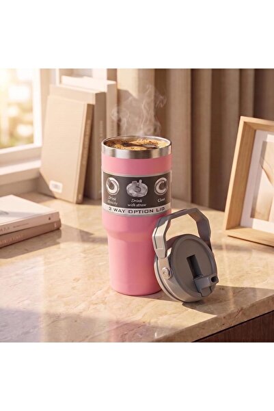 Taimi 600ML Stainless Steel Travel Mug with Handle, Straw, Leakproof Lid, Pink