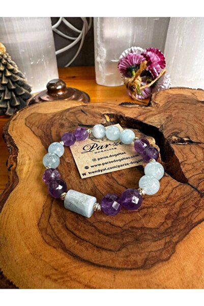 parze doğaltaş Ametist and Aquamarine Natural Stone Design 10 mm Bracelet