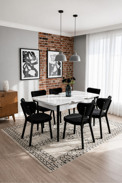 Concept Ayz Home Valoria Serisi 6 Kişilik 80x130 cm Beyaz MDF Siyah Kumaş Siy...