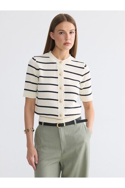 LC Waikiki Lcw everyday ecru crew neck striped women's knit cardigan