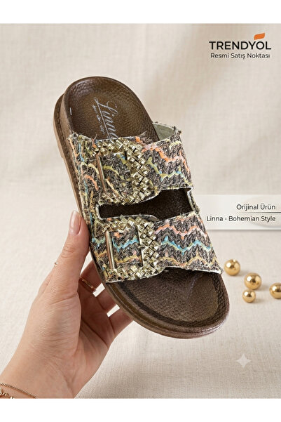 GÖNÜL Bohem Örgü Dokulu Altın Tokalı Çift Bantlı Kadın Terlik