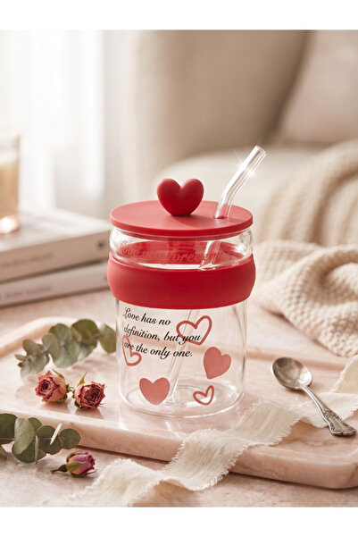 Tohana Heart Themed Glass Mug with Straw - Gift for Lovers