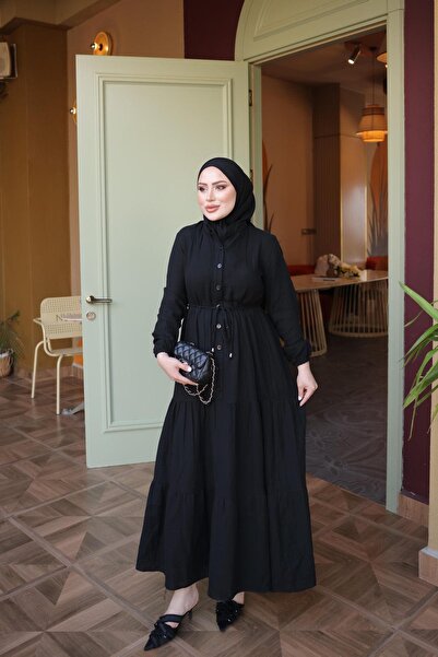 İmajButik Черна многопластова муселинова рокля с еластични ръкави и пола