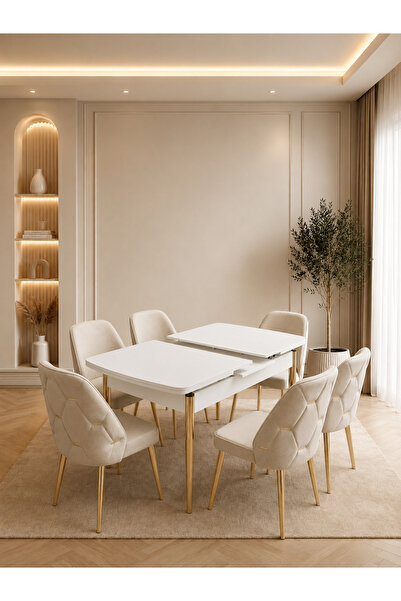 Concept Ayz Home Serena Gold 6 Kişilik Beyaz 80x130 MDF Krem Kumaş Yemek ve M...
