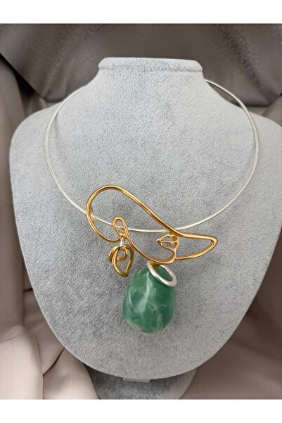 ZS Aksesuar Women's Gold Silver Color Green Natural Stone Look Design Choker ...
