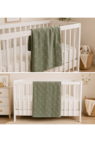 ToffyStore Muslin Green Embroidered Baby Blanket (100X150Cm)