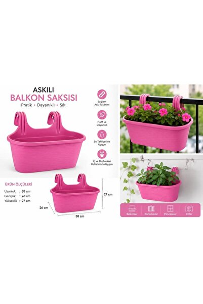 abnturk Pratik Dayanıklı Şık 6,3lt Pembe Sahra Askılı Saksı 38x27x26cm Balkon...