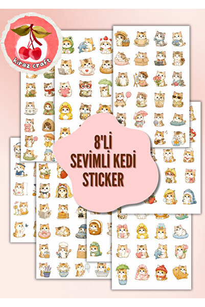 Kiraz Craft 8'li Sevimli Kedi Sticker Seti | Kawaii Vintage Estetik Sticker |...