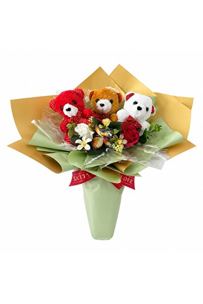 velve Aranjament floral tip buchet cu 3 ursuleti plus,trandafiri de sapun,pla...