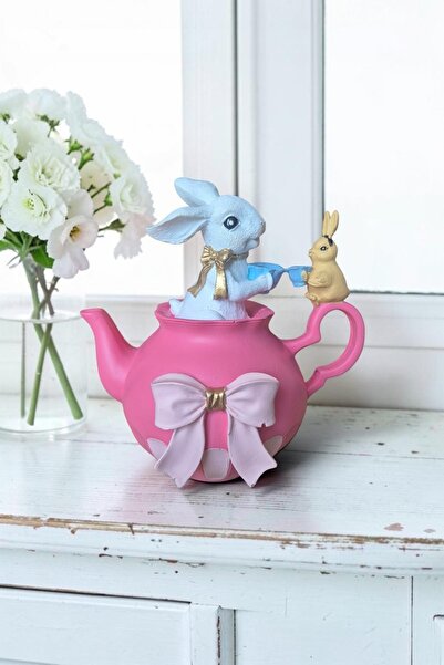 Harmoni Art Home Decor Dekoratif Tavşanlı Pembe Çaydanlık Biblo