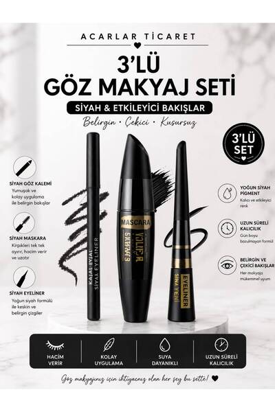 Acarlar Ticaret Süper Siyah Etkili Göz Kalemi Maskara Eyeliner 3 Lü Profesyonel Göz Makyajı Seti