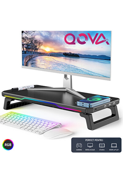 Qova RGB стойка за монитор и лаптоп, многофункционална настолна стойка, с рег...