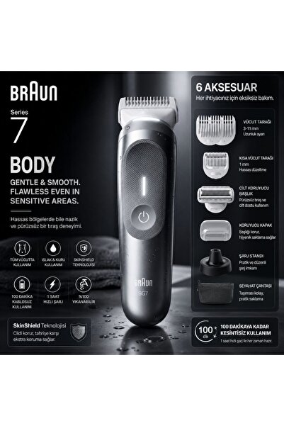 Braun Vücut Tıraş Makinesi Series 7, +6 Aksesuar, Kompakt, Smartlight, BG7550