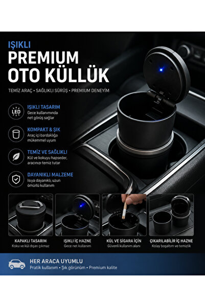DuoLight Işıklı Premium Oto Küllük LED Aydınlatmalı Araç İçi Küllük Koku ve K...