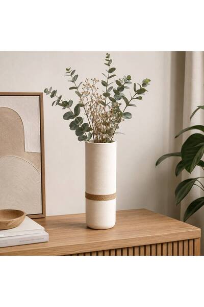 N.zone Modern Cylindrical Ceramic Vase with Striped Texture and Natural Jute ...