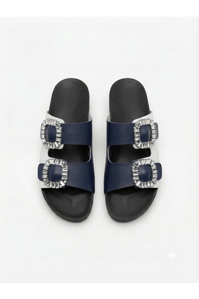 Lideral Two Buckle Shiny Detailed Contrast Color Band Comfortable Sole Slippers