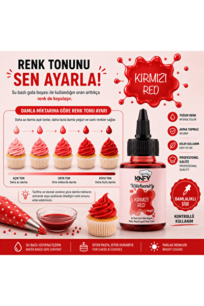 Kitchenify Su Bazlı Likit Gıda Boyası Kırmızı 60 g - Konsantre Pasta, Kek, Kurabiye, Krema, Şeker Hamuru İçin