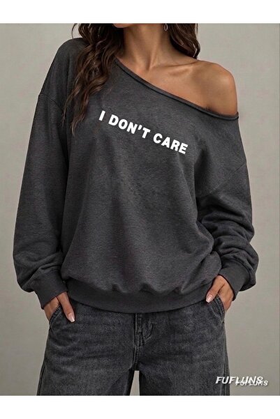 FUFLUNS سويت شيرت نسائي مطبوع بياقة قاربية كبيرة الحجم من I DON'T CARE
