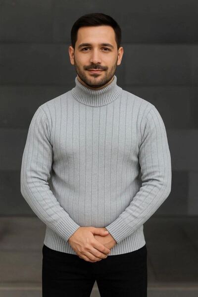 Generic Brand Men's Full-Length Turtleneck Knitwear Sweater Thick Ribbed - Gray
