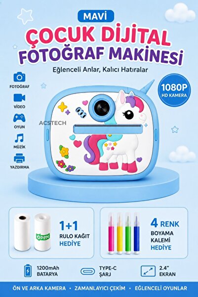 ACSTECH Fotoğraf Çıkaran Çocuk Dijital Fotoğraf Makinesi | Tek Boynuzlu At Ta...