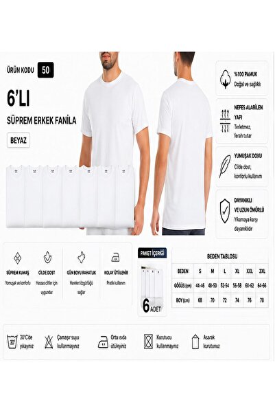 Yıldız Çamaşır Men's Single Jersey Closed Collar 100% Cotton Undershirt (50-5...