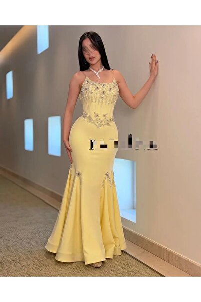 FASHION فستان سهرة أنيق باللون الأصفر الليموني الفاخر، بتصميم قصة السمكة ومزي...