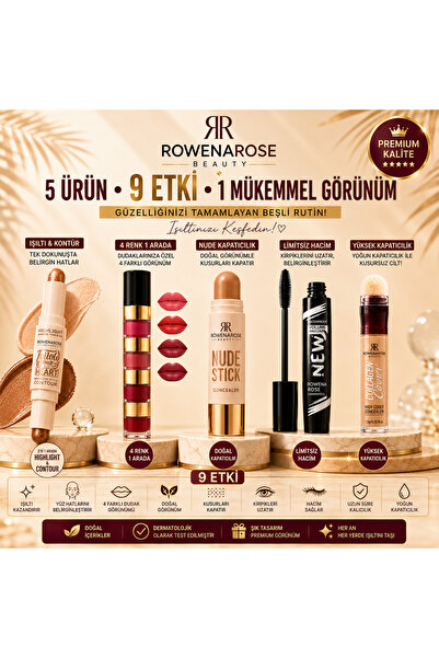 ROWENAROSE 5'li Makyaj Seti | 9 Etki Tek Kutuda | Nude Stick, Collagen Concea...