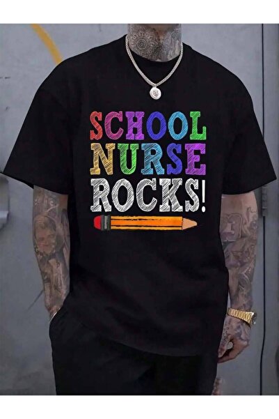 KYMC07 تي شيرت رجالي أسود 100% قطن بطبعة Nurse Rocks Teacher Funny Back To Sc...
