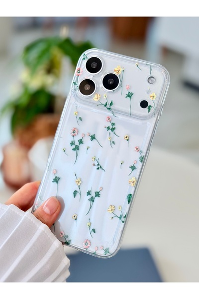Go Aksesuar Iphone 17 PROMAX Uyumlu KREM ÇİÇEK Baskı Tasarımlı Koruyucu Esnek...
