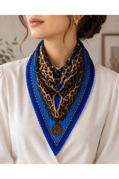 Bymiel Women's Cobalt Blue Pleated Scarf 90X40 cm – Leopard Patterned Neck an...