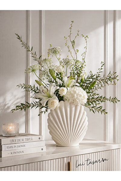 Lui Tasarım Ceramic Cream (Beige) Color XL Large Size Oyster Vase 30 cm