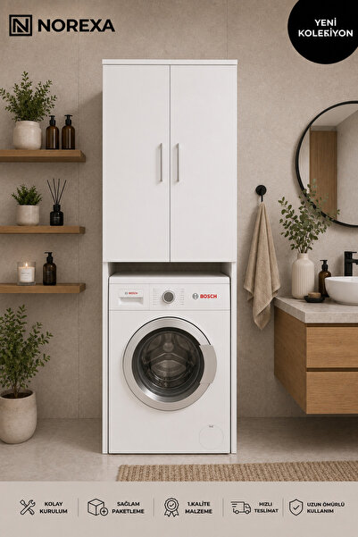 NOREXA Çamaşır Makinesi Üstü Dolap | Kapaklı Çok Raflı Banyo Düzenleyici | Mo...