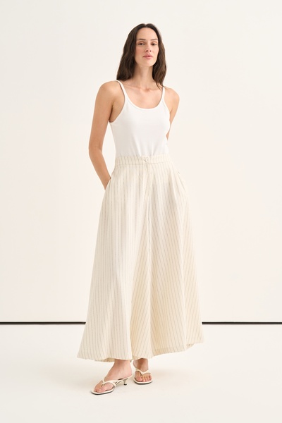 EBU Prive Women's Draped Flared Pants Skirt Striped Ecru